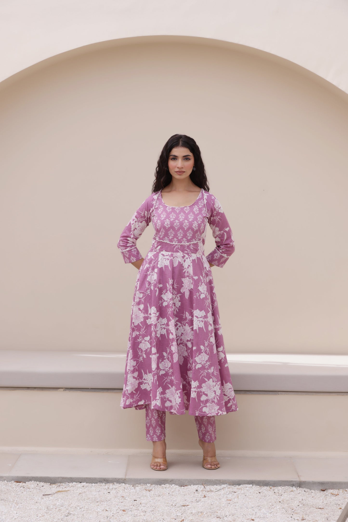 Purple Anarkali Cotton Suit Set