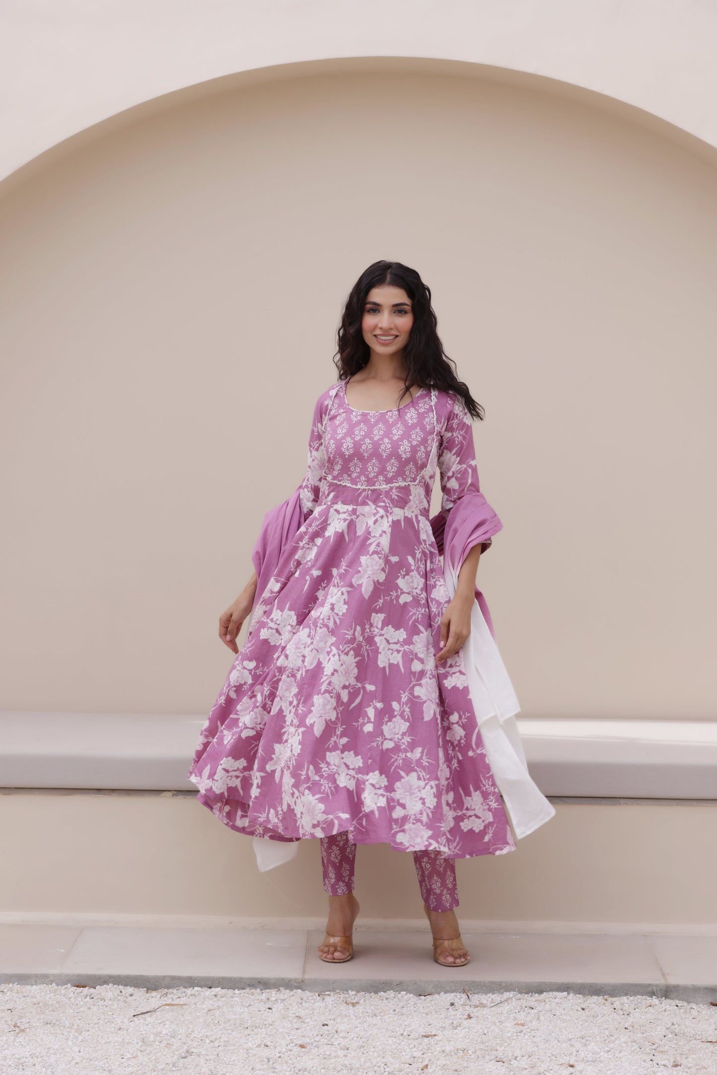 Purple Anarkali Cotton Suit Set