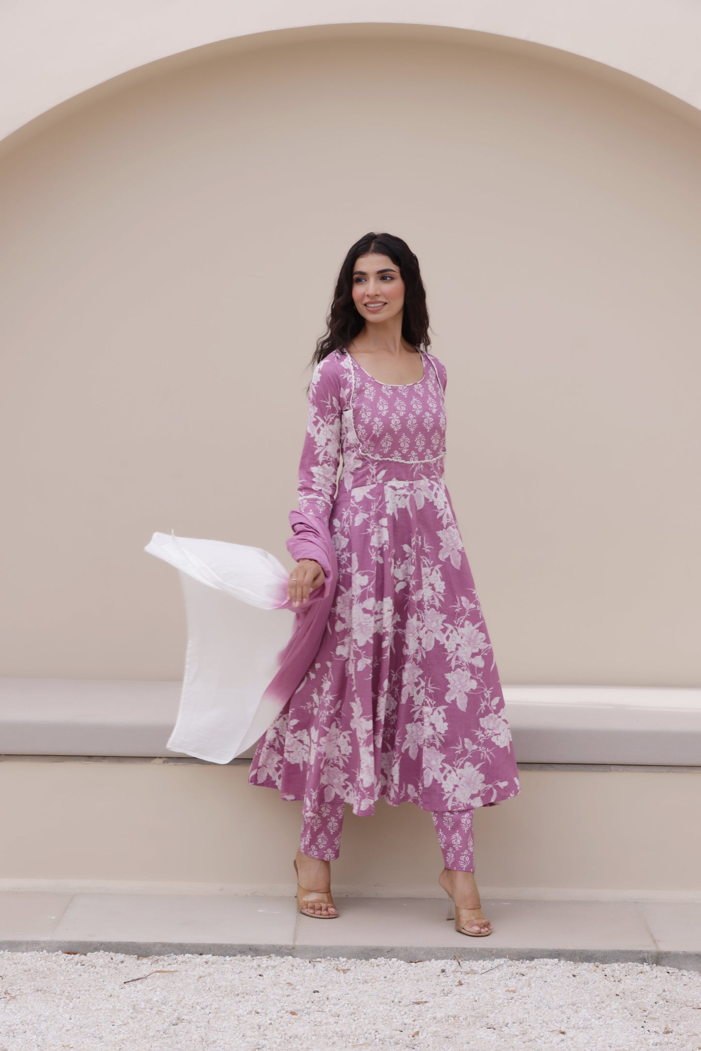 Purple Anarkali Cotton Suit Set