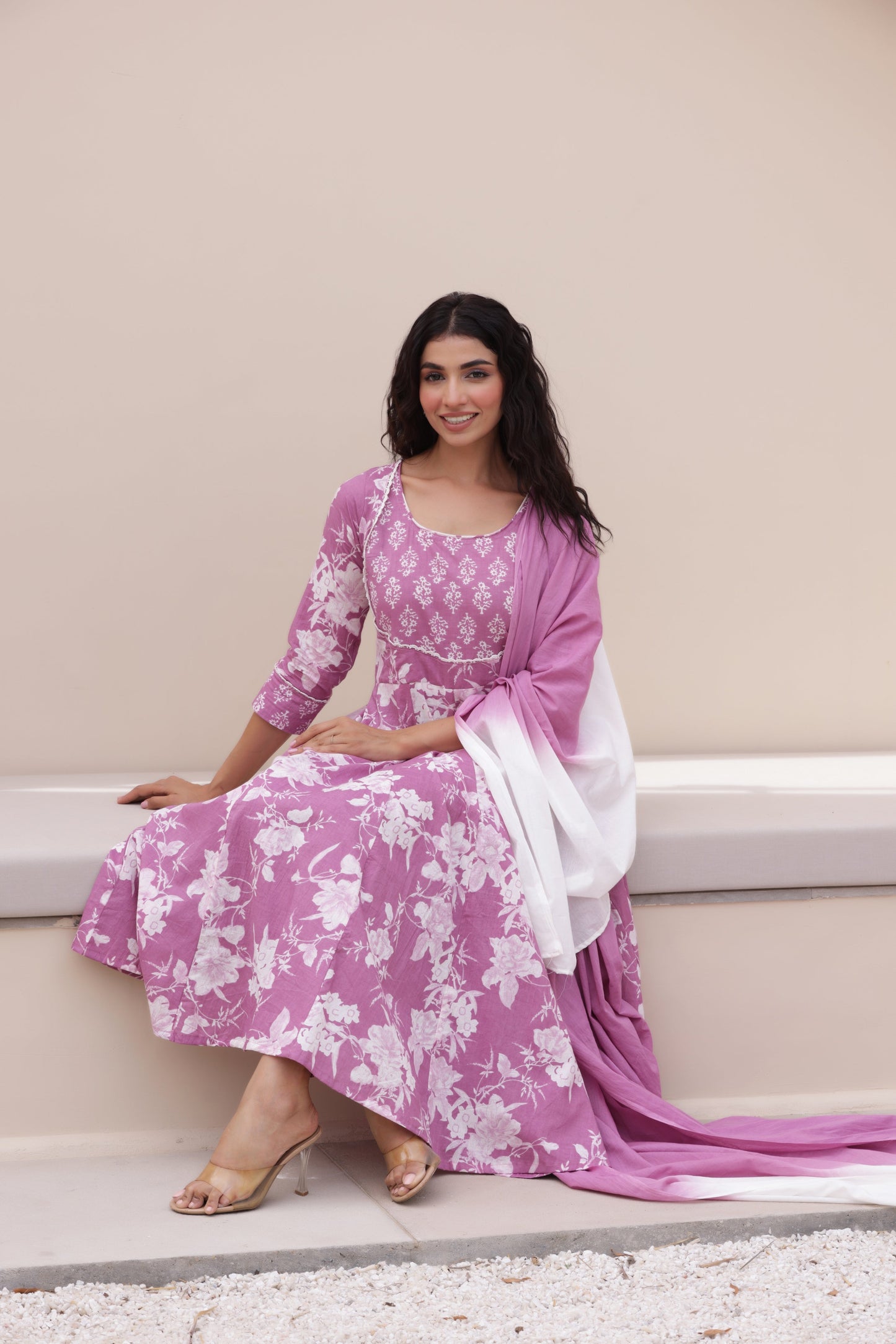 Purple Anarkali Cotton Suit Set