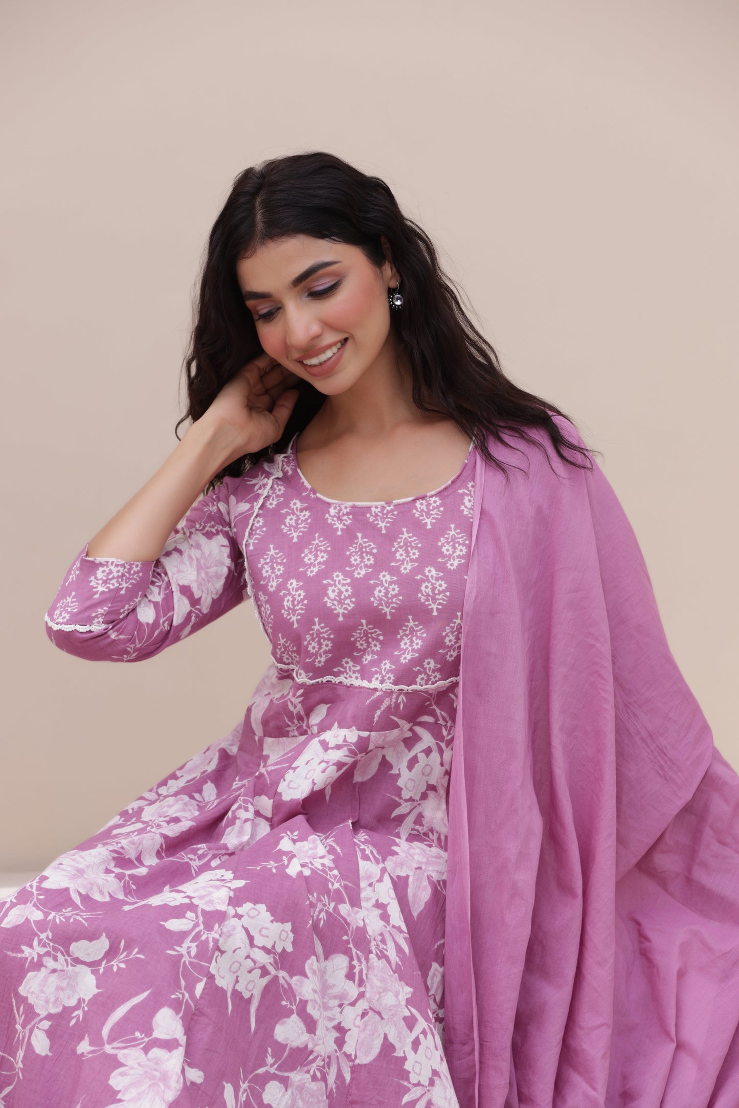 Purple Anarkali Cotton Suit Set
