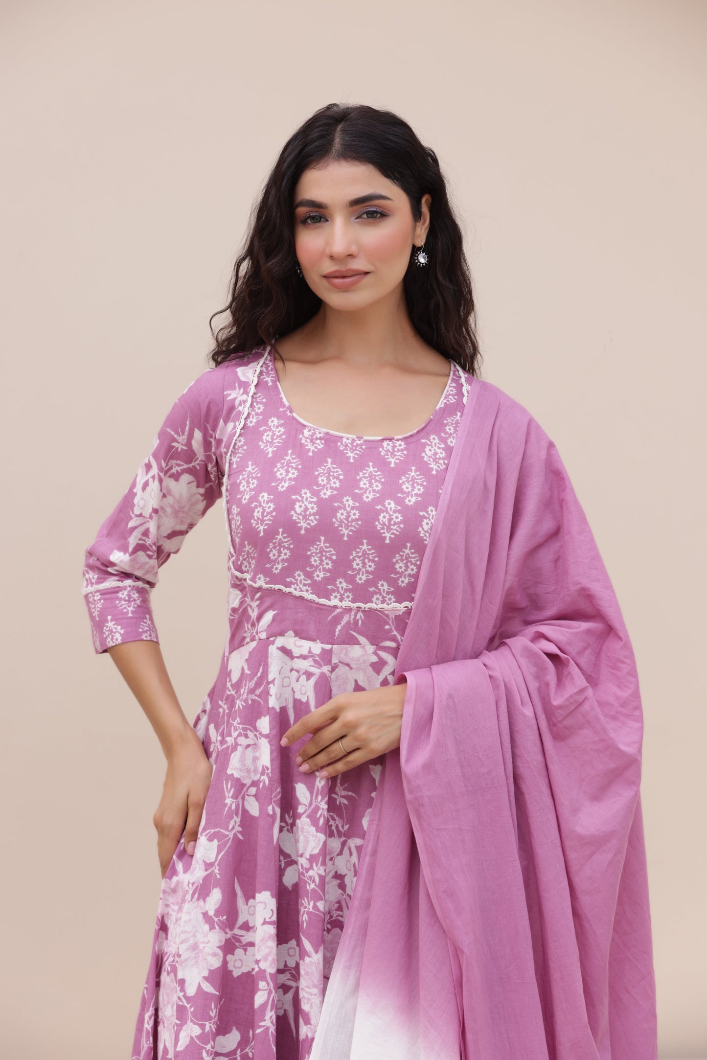 Purple Anarkali Cotton Suit Set