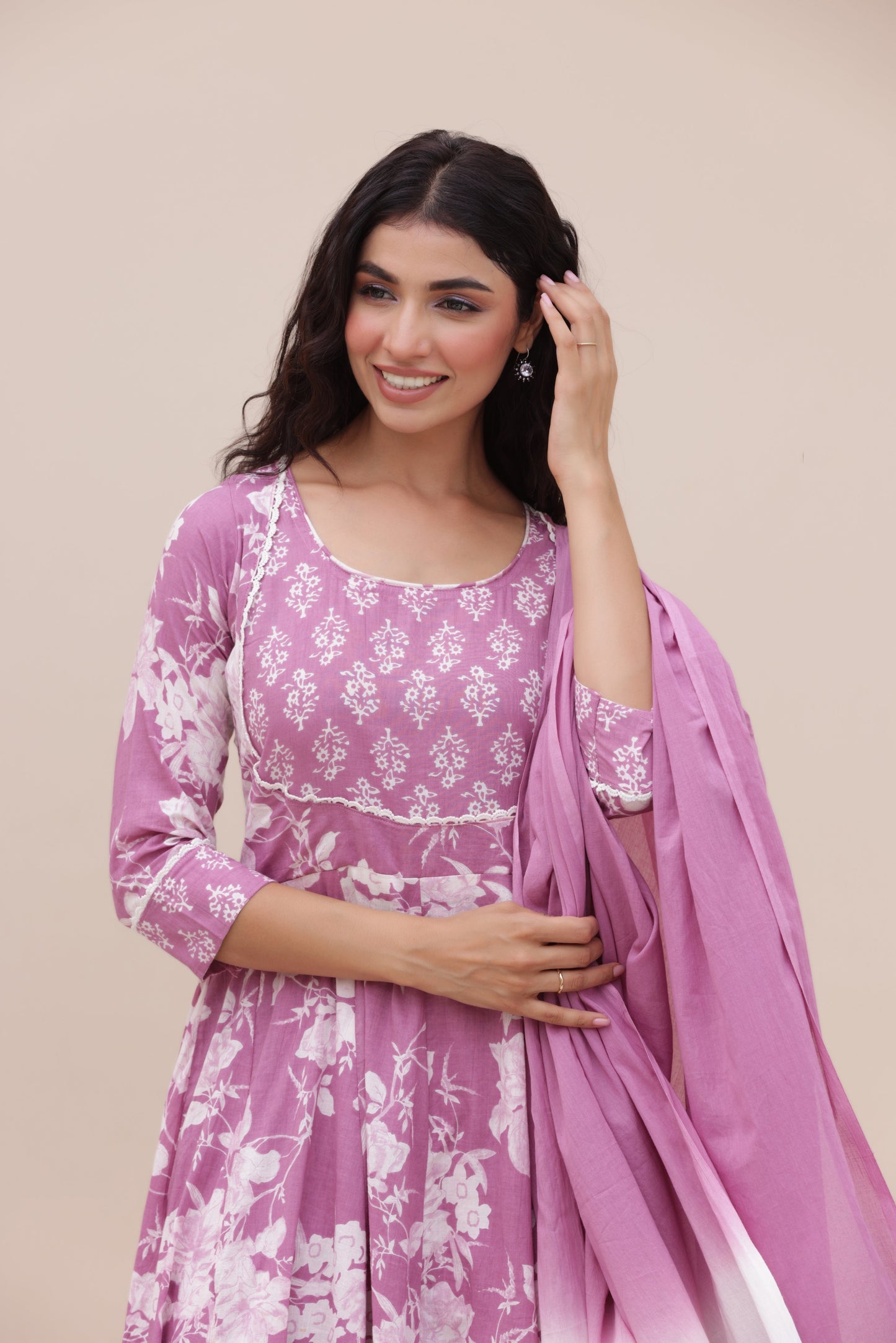 Purple Anarkali Cotton Suit Set