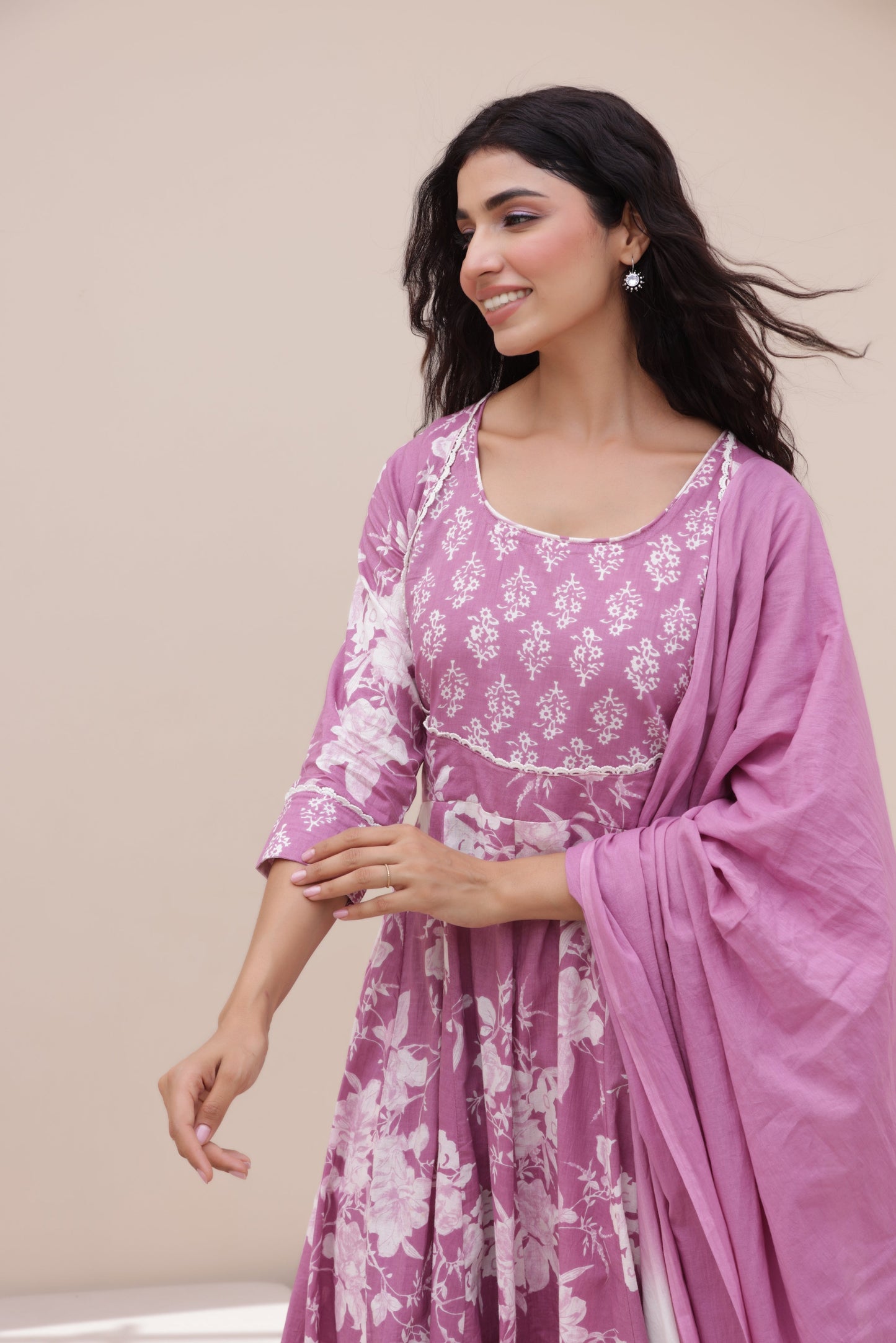 Purple Anarkali Cotton Suit Set