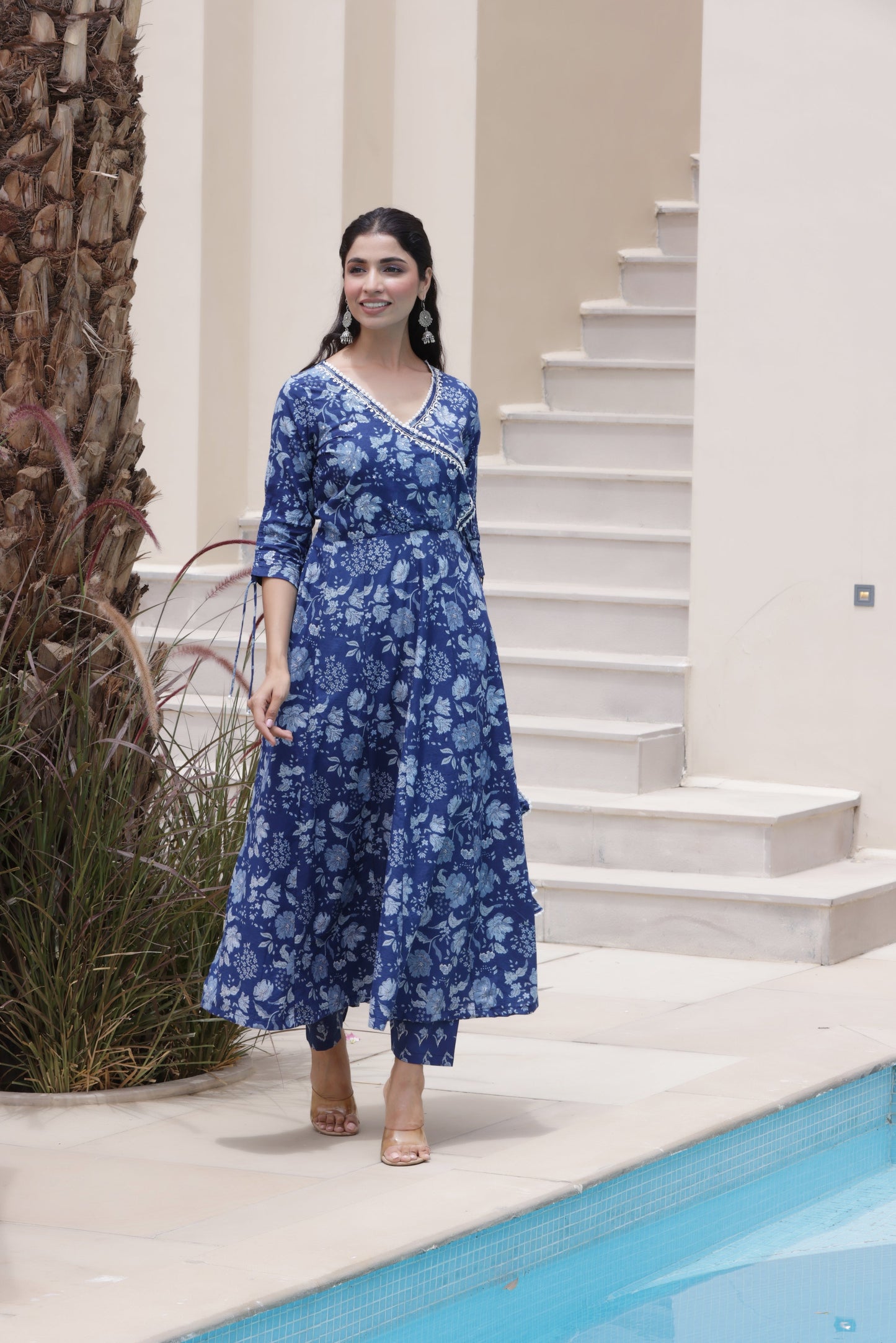 Indigo Floral Anarkali Suit Set