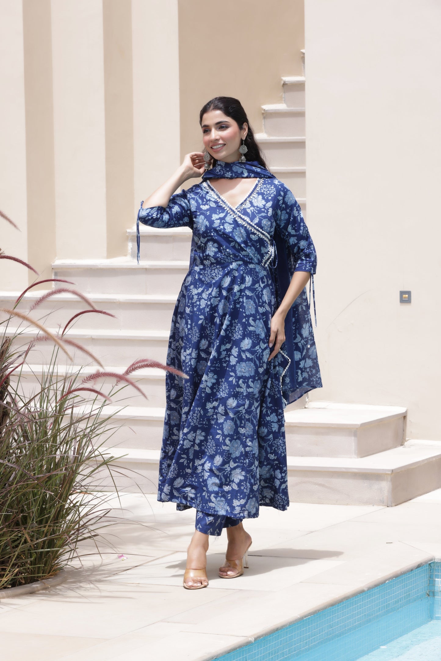 Indigo Floral Anarkali Suit Set