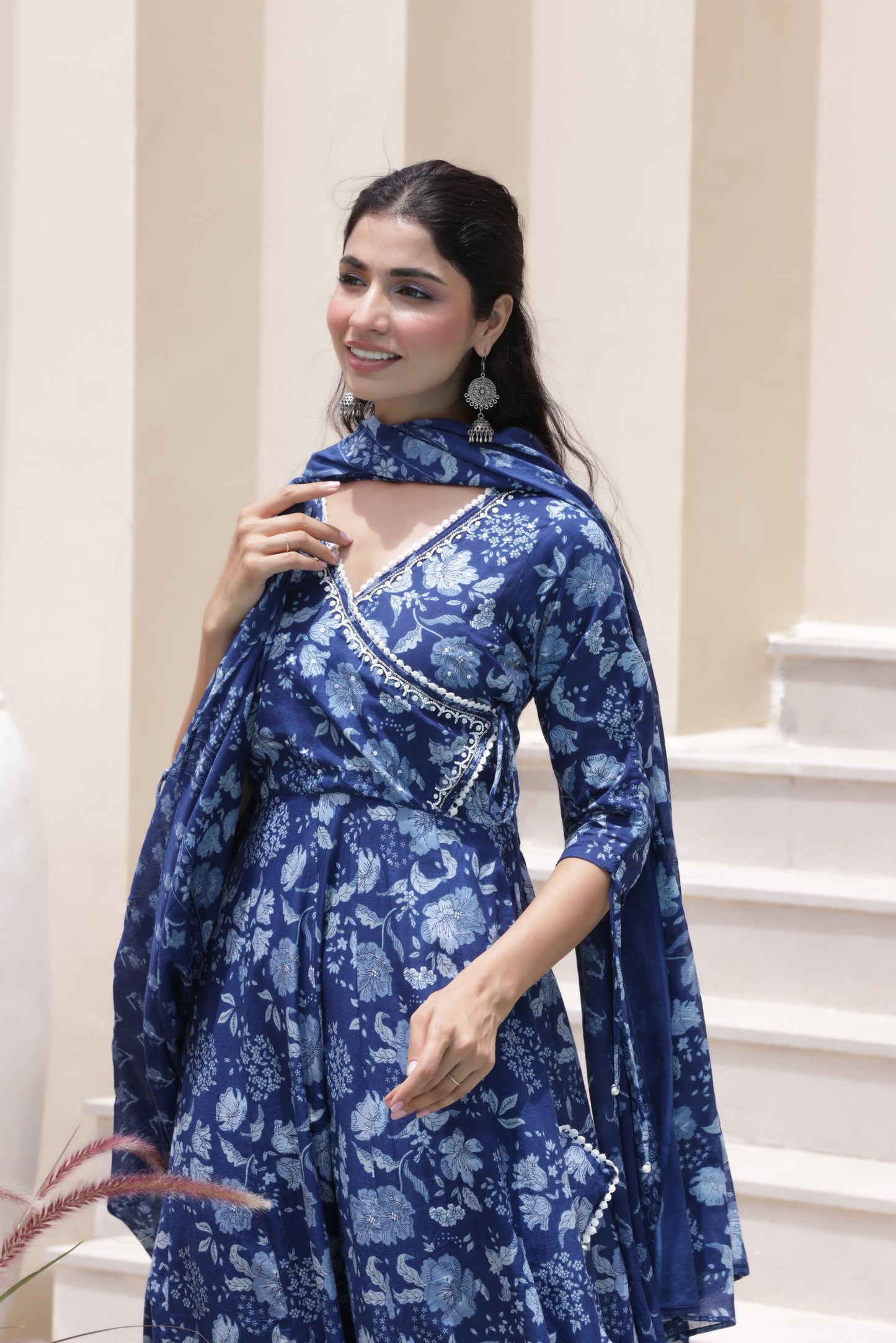 Indigo Floral Anarkali Suit Set
