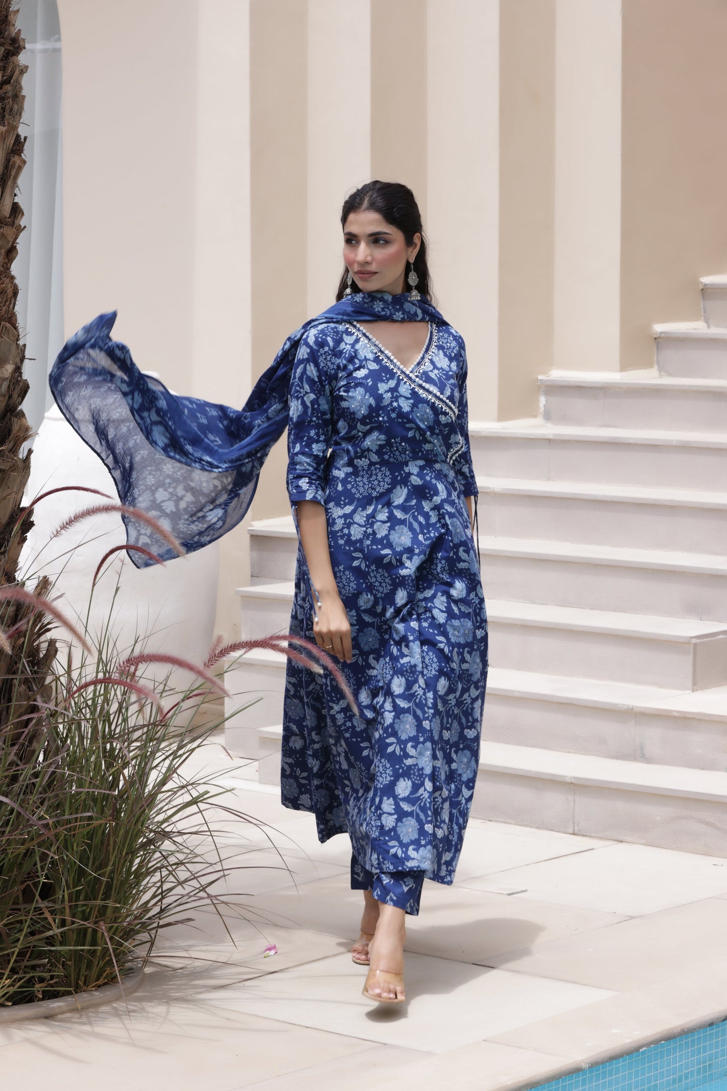 Indigo Floral Anarkali Suit Set