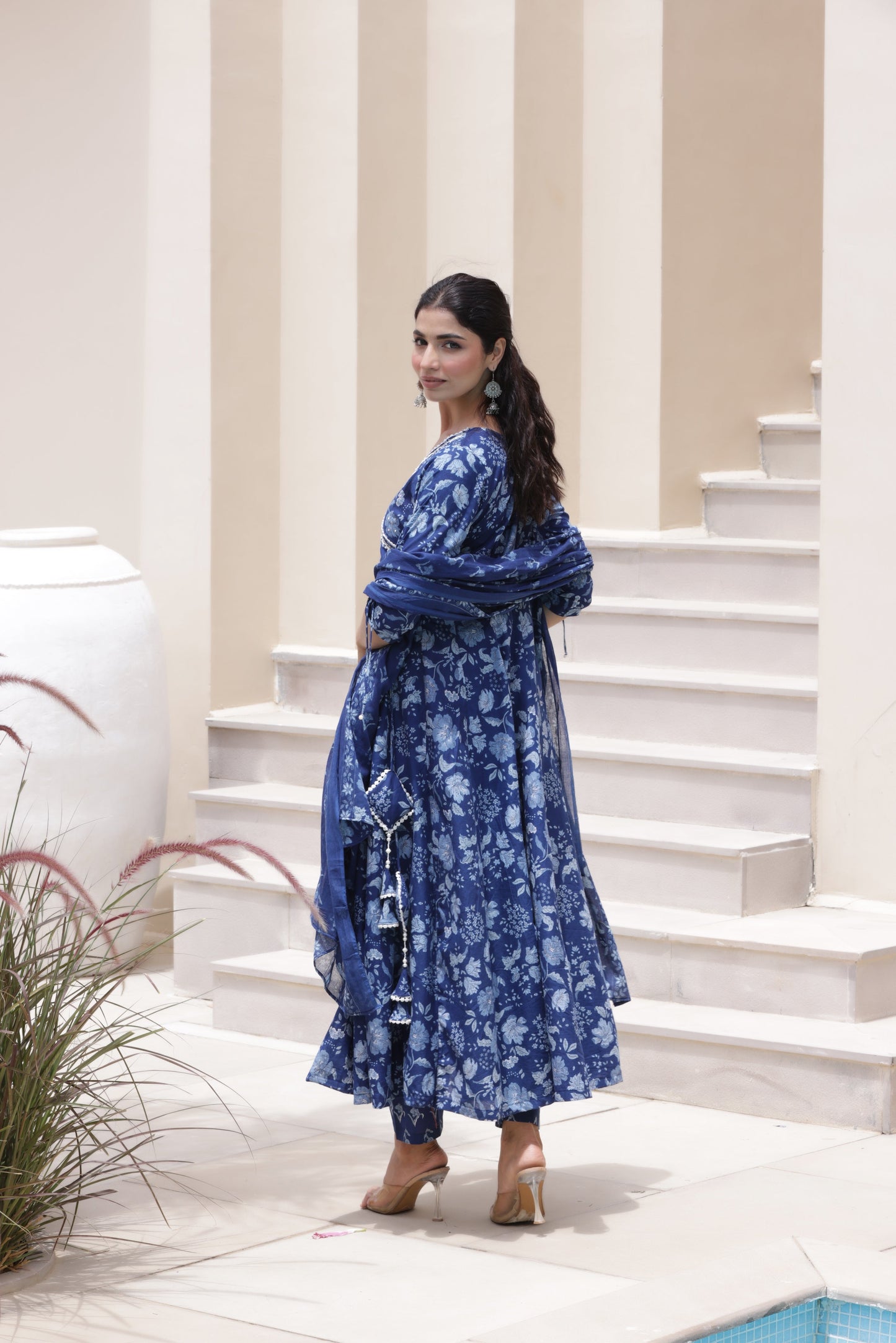 Indigo Floral Anarkali Suit Set