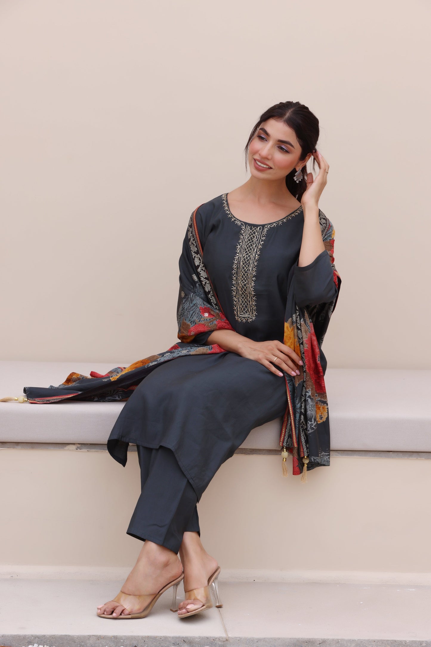 Urban Grey Cotton Silk Suit Set