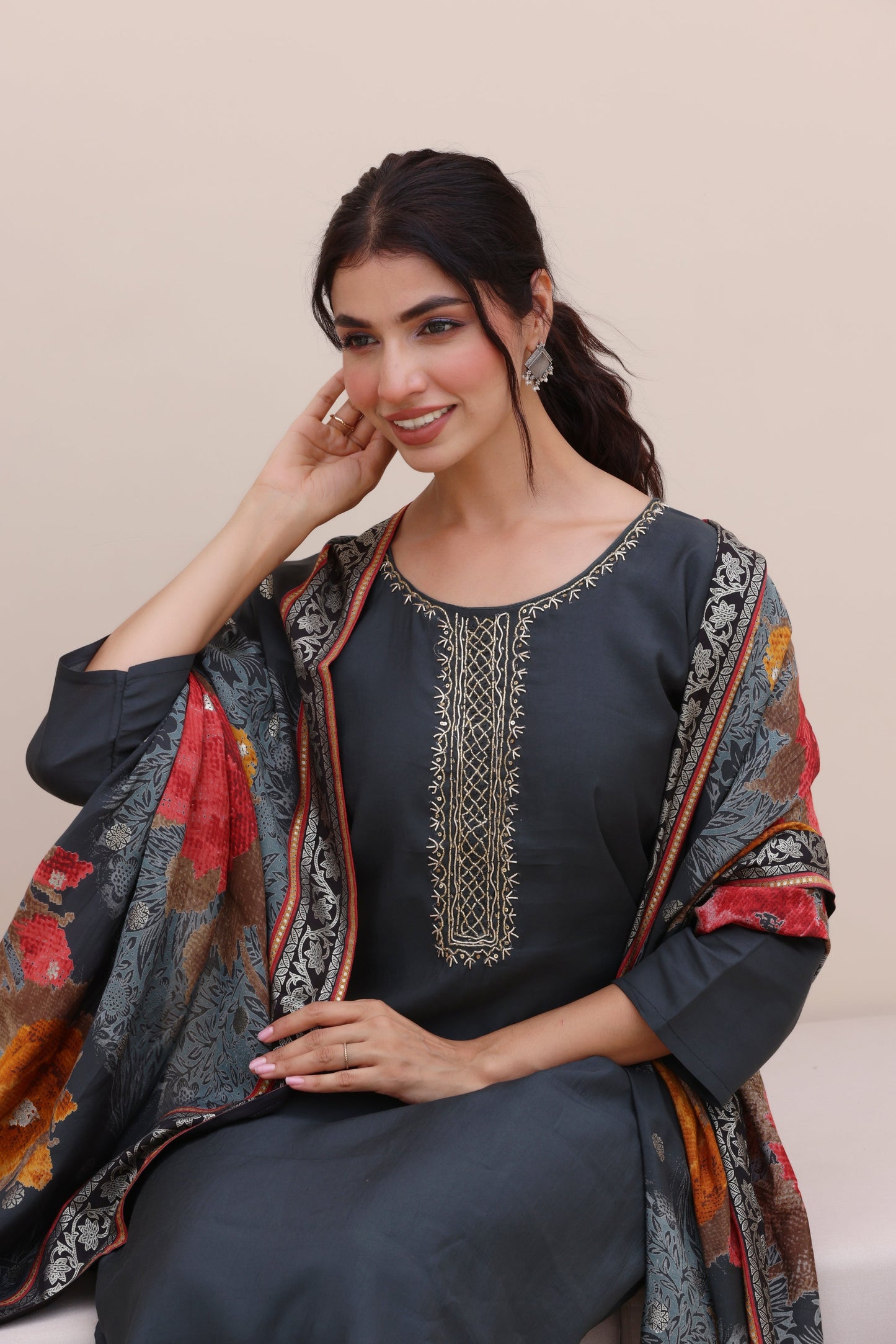 Urban Grey Cotton Silk Suit Set