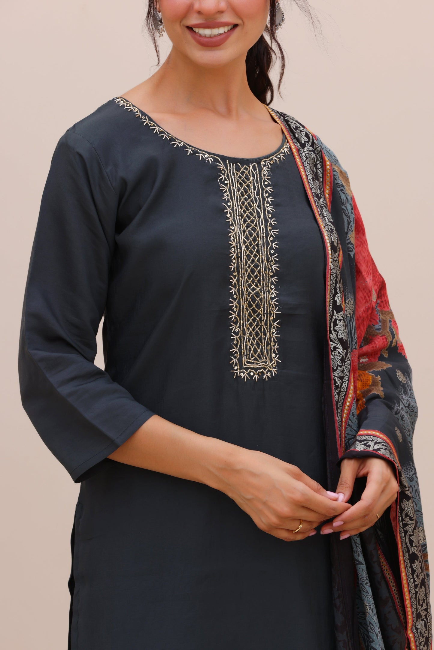 Urban Grey Cotton Silk Suit Set