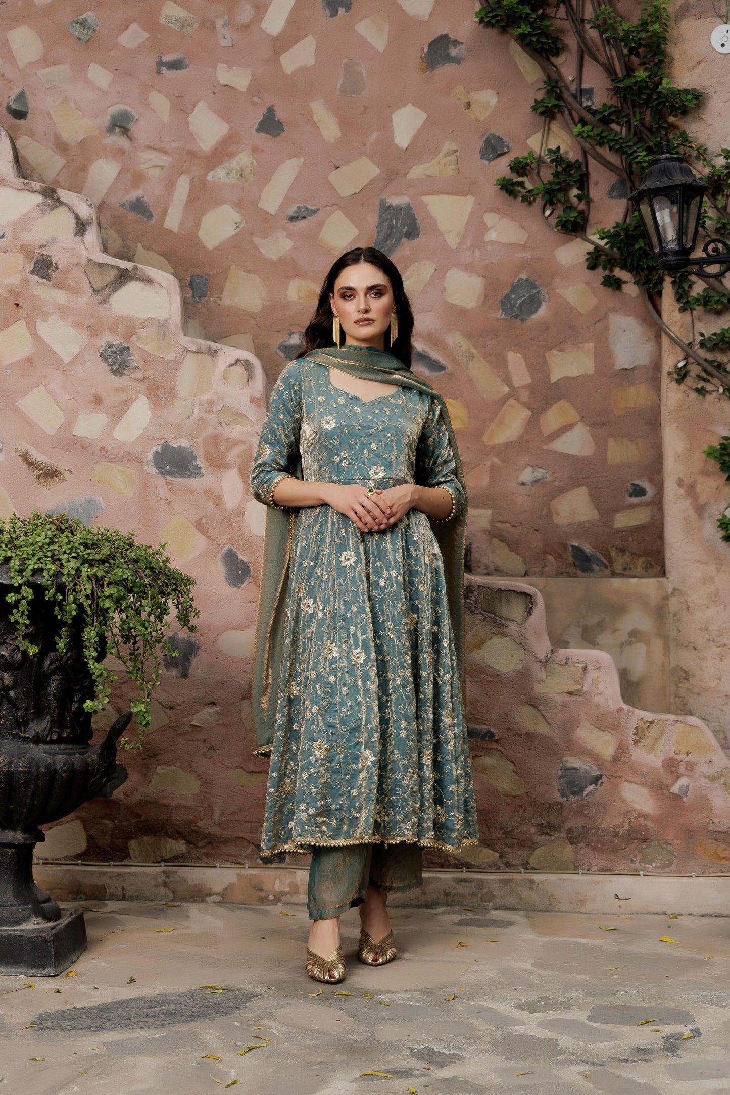 Teal Green Floral Zari Anarkali Suit