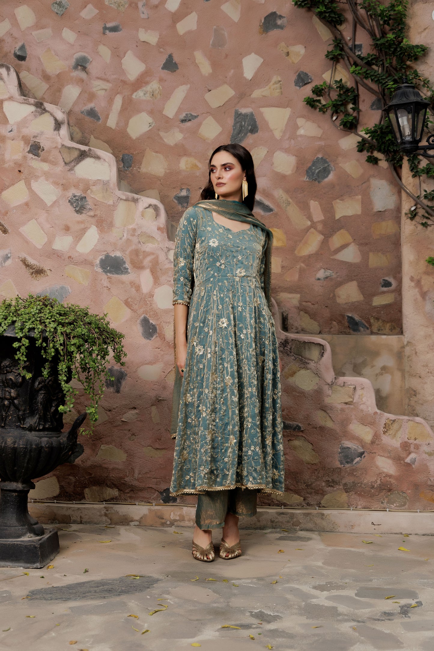 Teal Green Floral Zari Anarkali Suit
