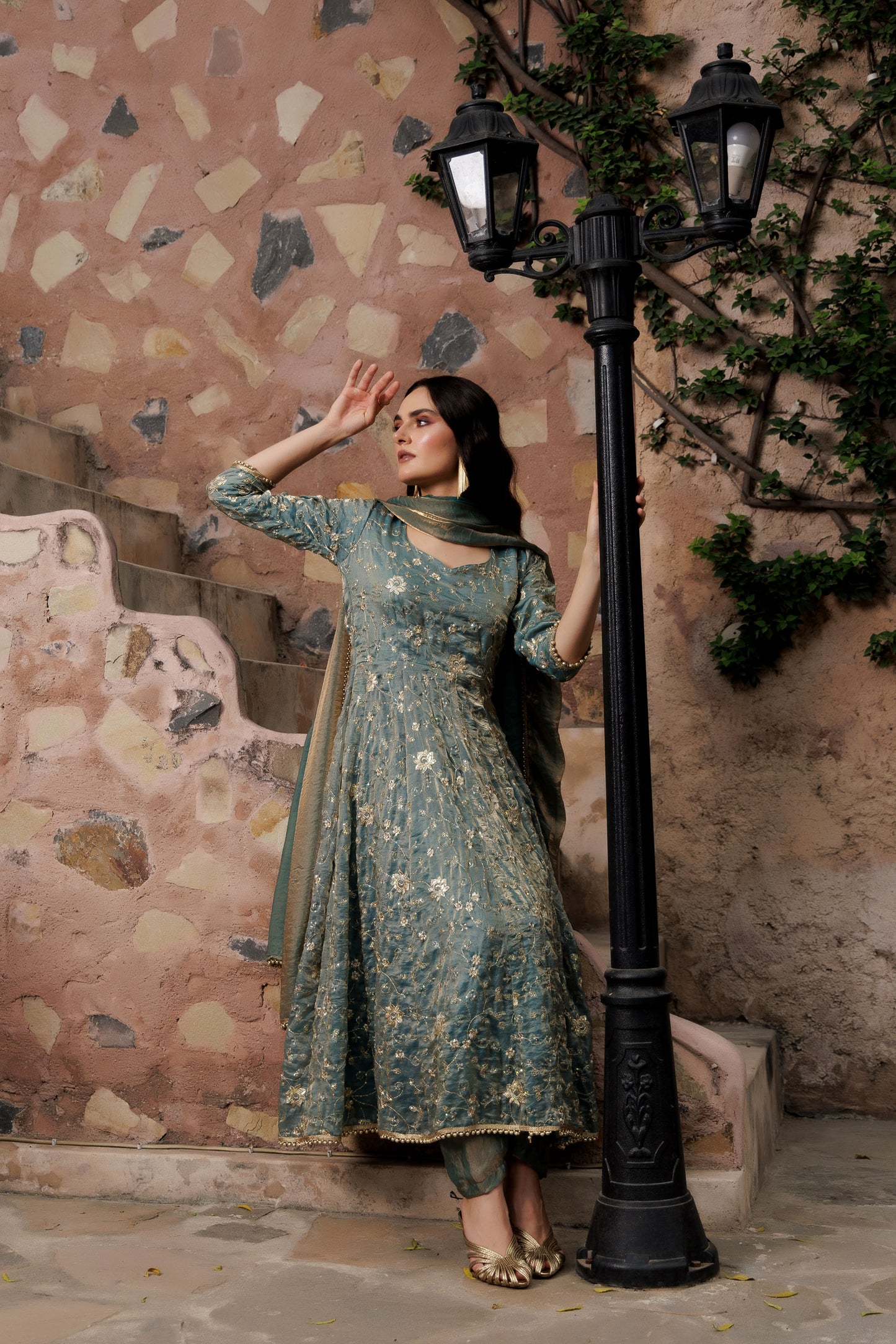 Teal Green Floral Zari Anarkali Suit
