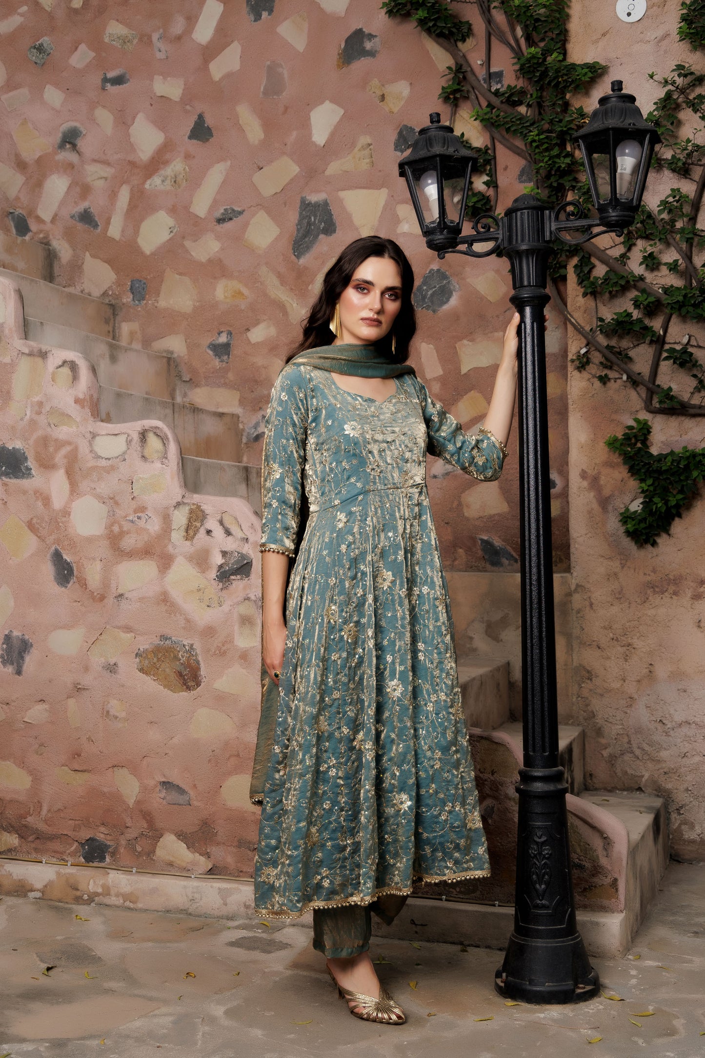 Teal Green Floral Zari Anarkali Suit