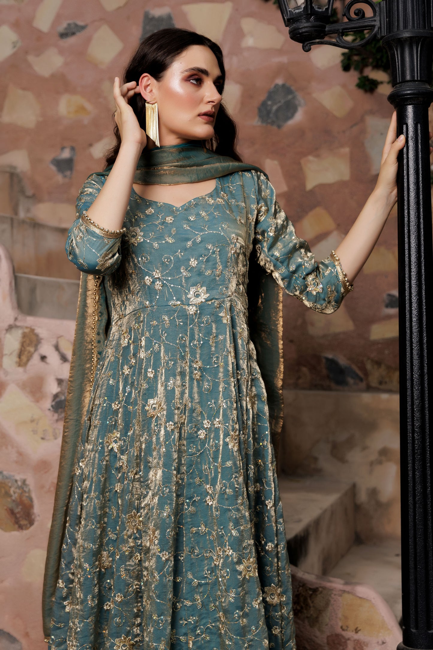 Teal Green Floral Zari Anarkali Suit