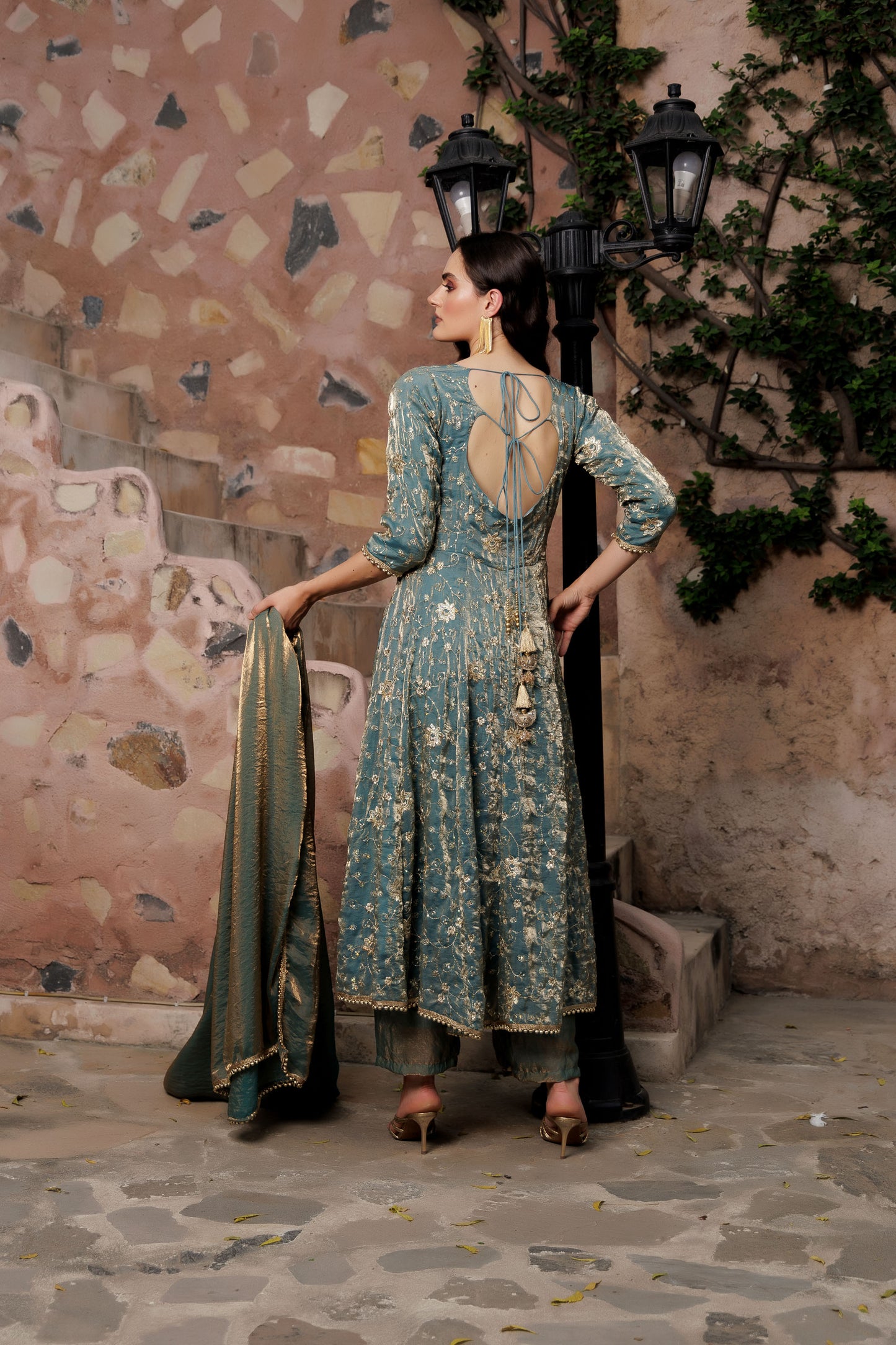 Teal Green Floral Zari Anarkali Suit