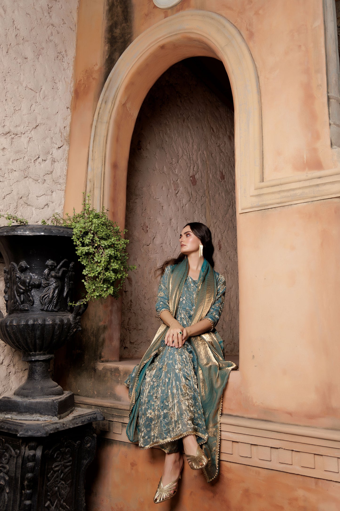 Teal Green Floral Zari Anarkali Suit