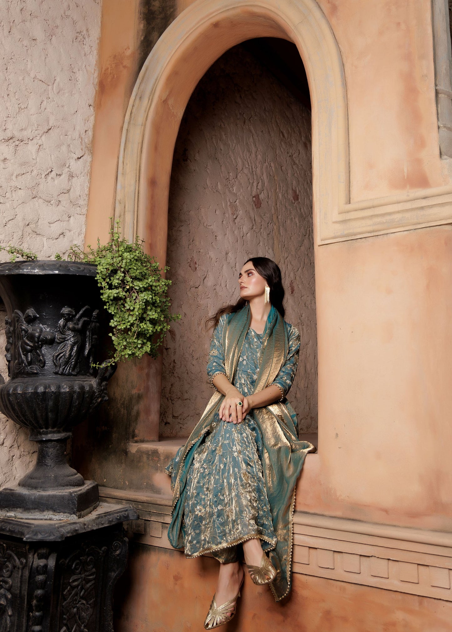 Teal Green Floral Zari Anarkali Suit