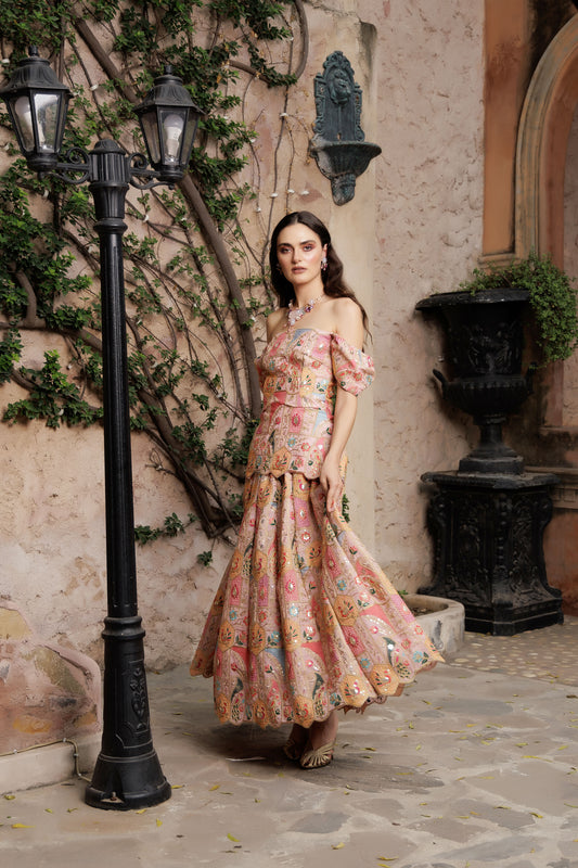 Multicolor Heritage Indo-Western Set with Embellished Cape