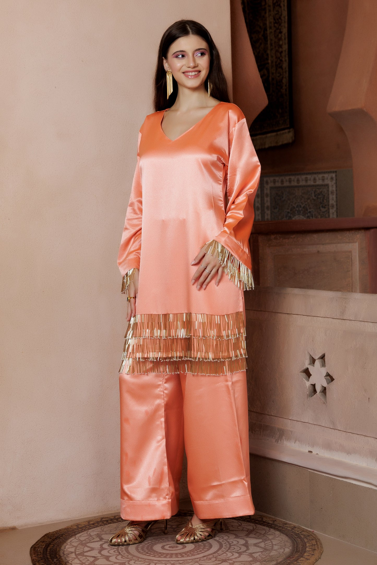 Peach Satin Festive Suit Set with Embroidered Dupatta