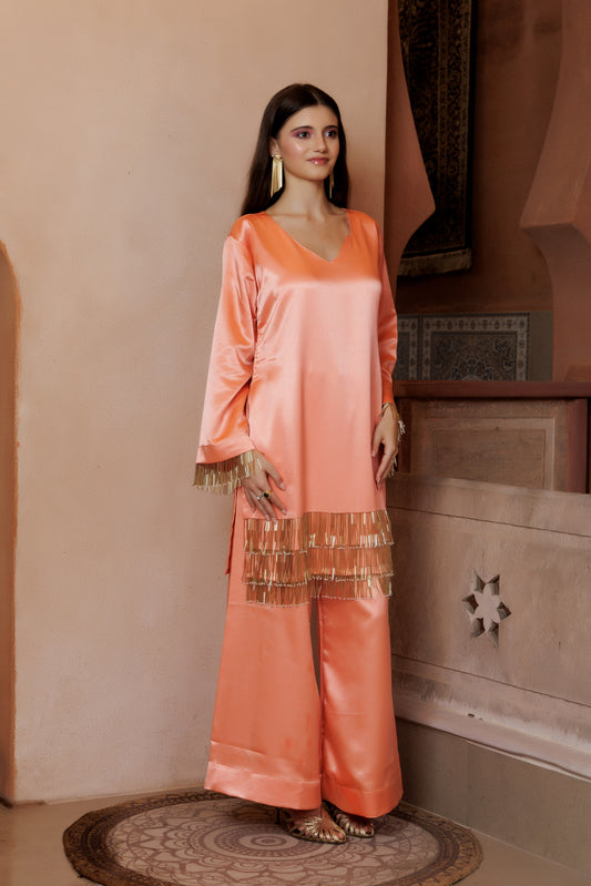 Peach Satin Festive Suit Set with Embroidered Dupatta