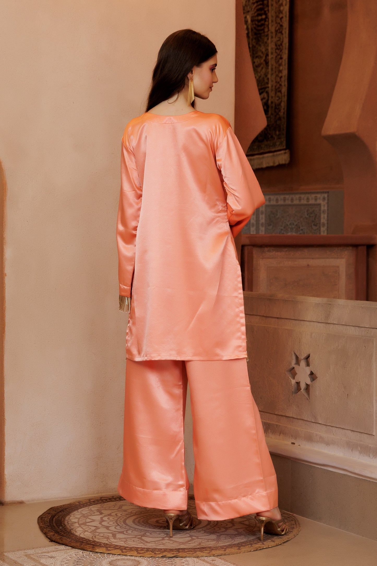 Peach Satin Festive Suit Set with Embroidered Dupatta