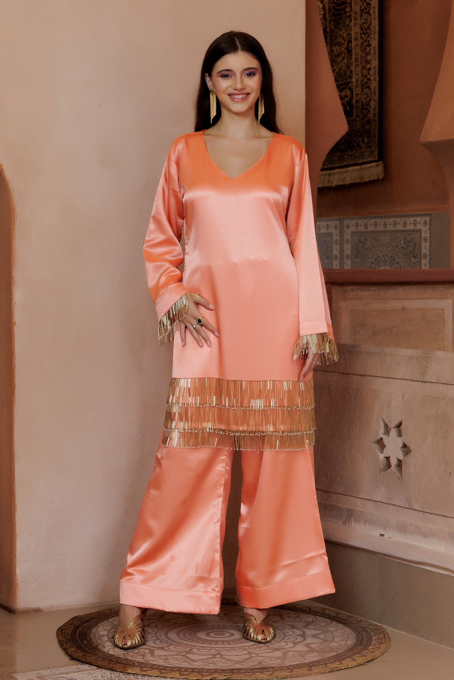 Peach Satin Festive Suit Set with Embroidered Dupatta