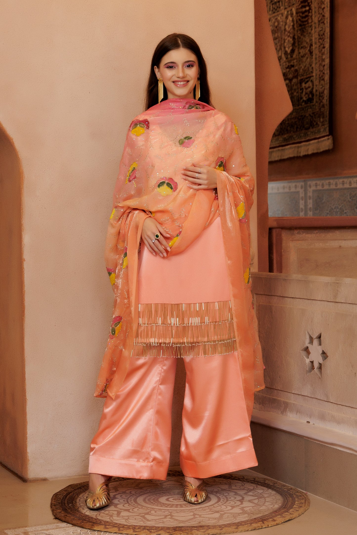 Peach Satin Festive Suit Set with Embroidered Dupatta