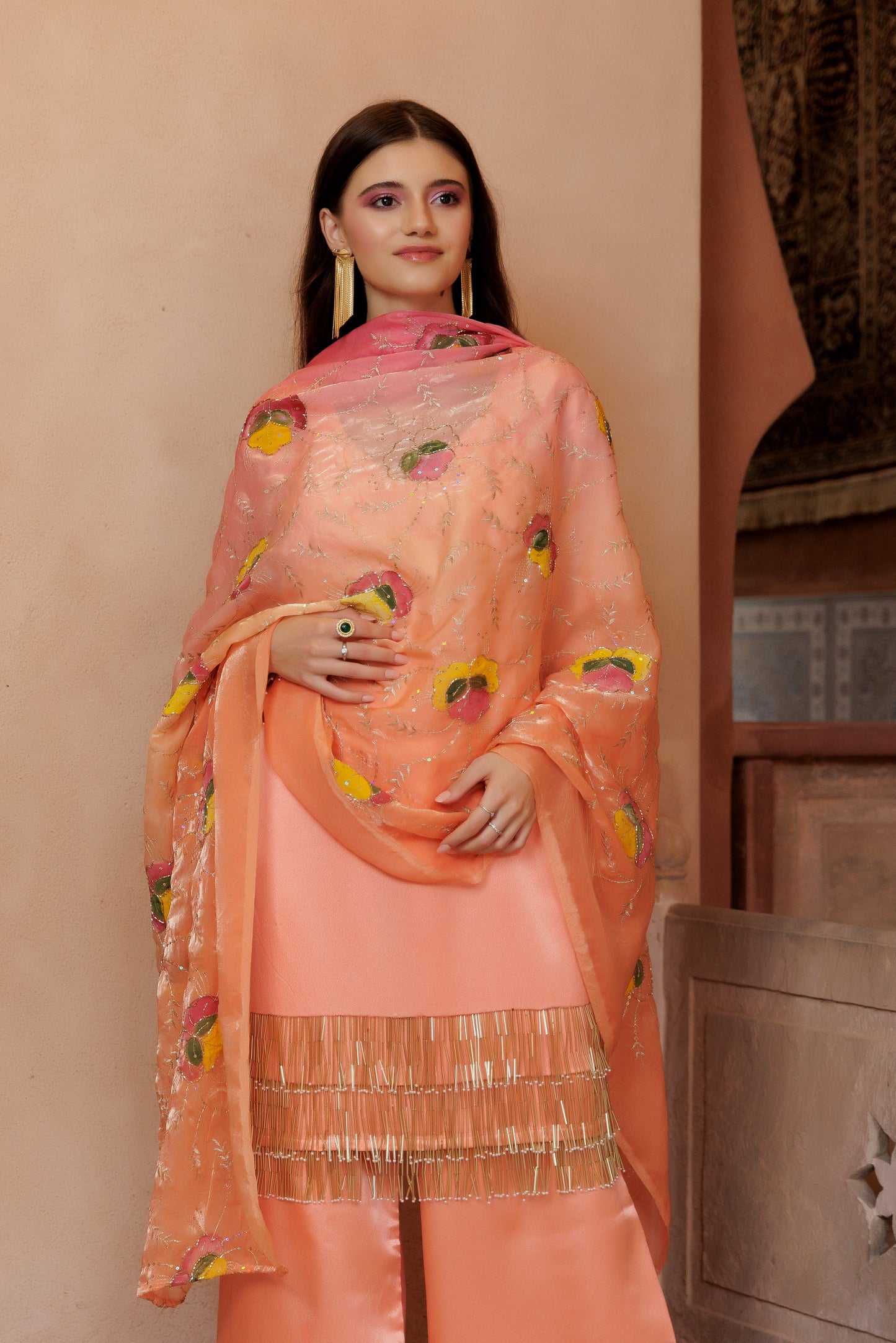 Peach Satin Festive Suit Set with Embroidered Dupatta
