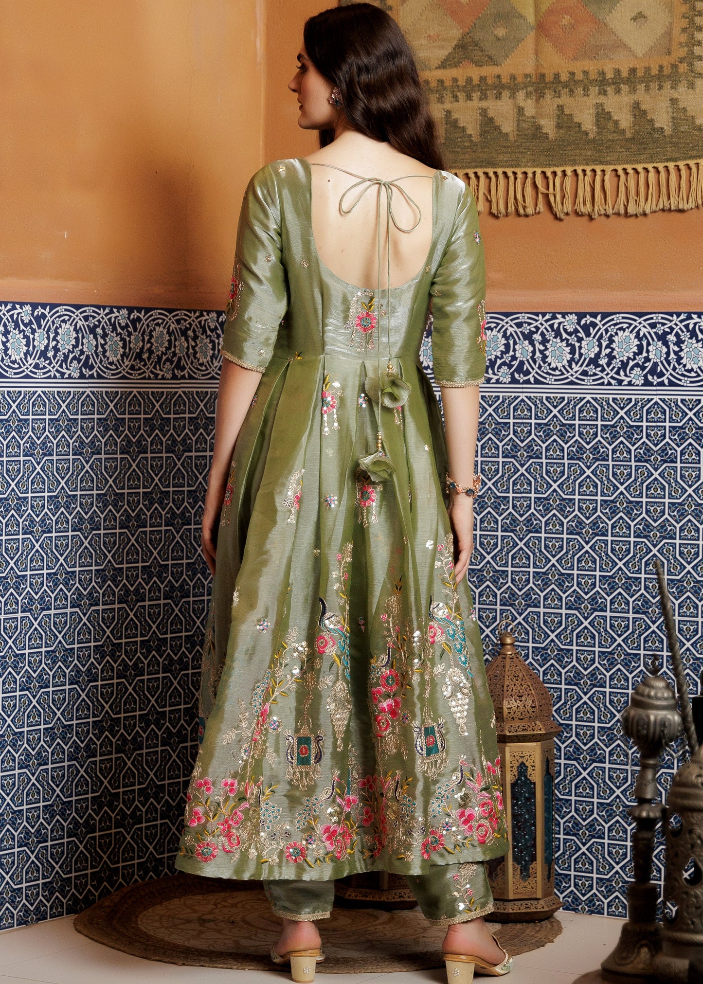 Olive Peacock Anarkali Suit Set