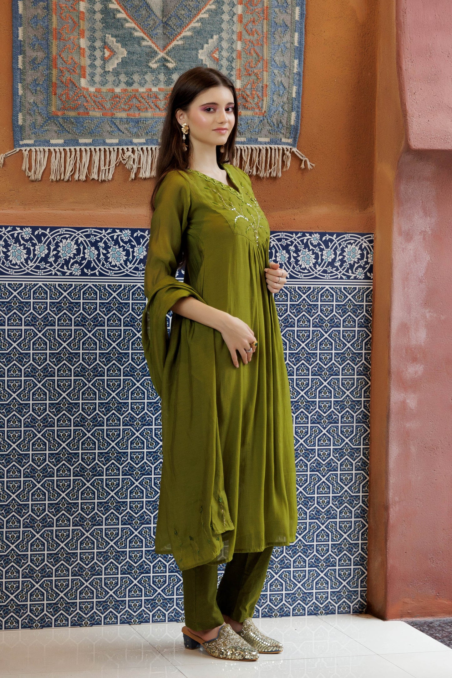 Green Olive Embroidered Kurta Set