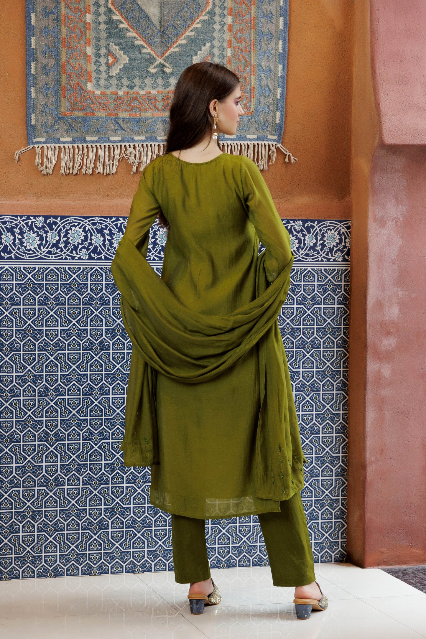 Green Olive Embroidered Kurta Set