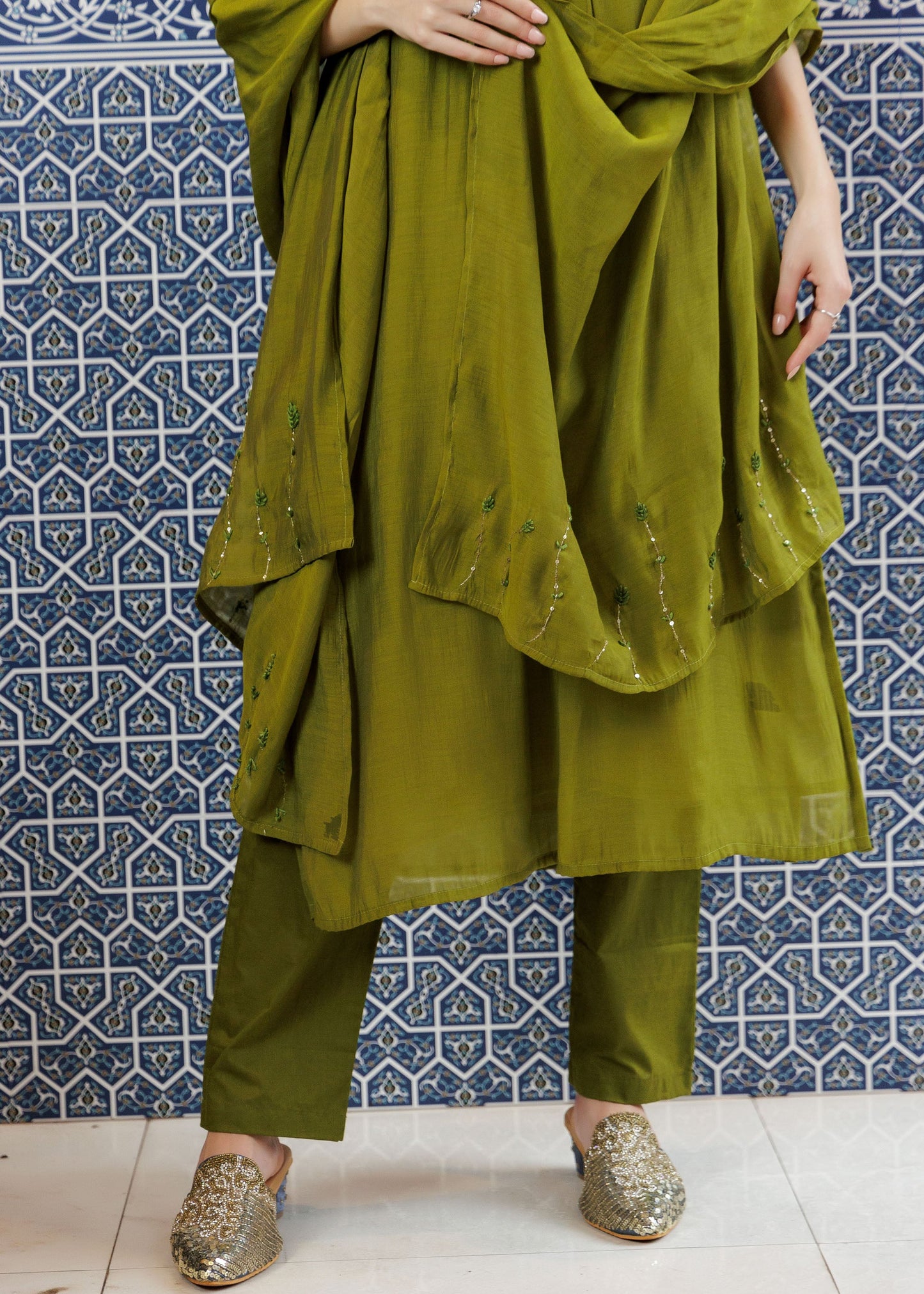 Green Olive Embroidered Kurta Set
