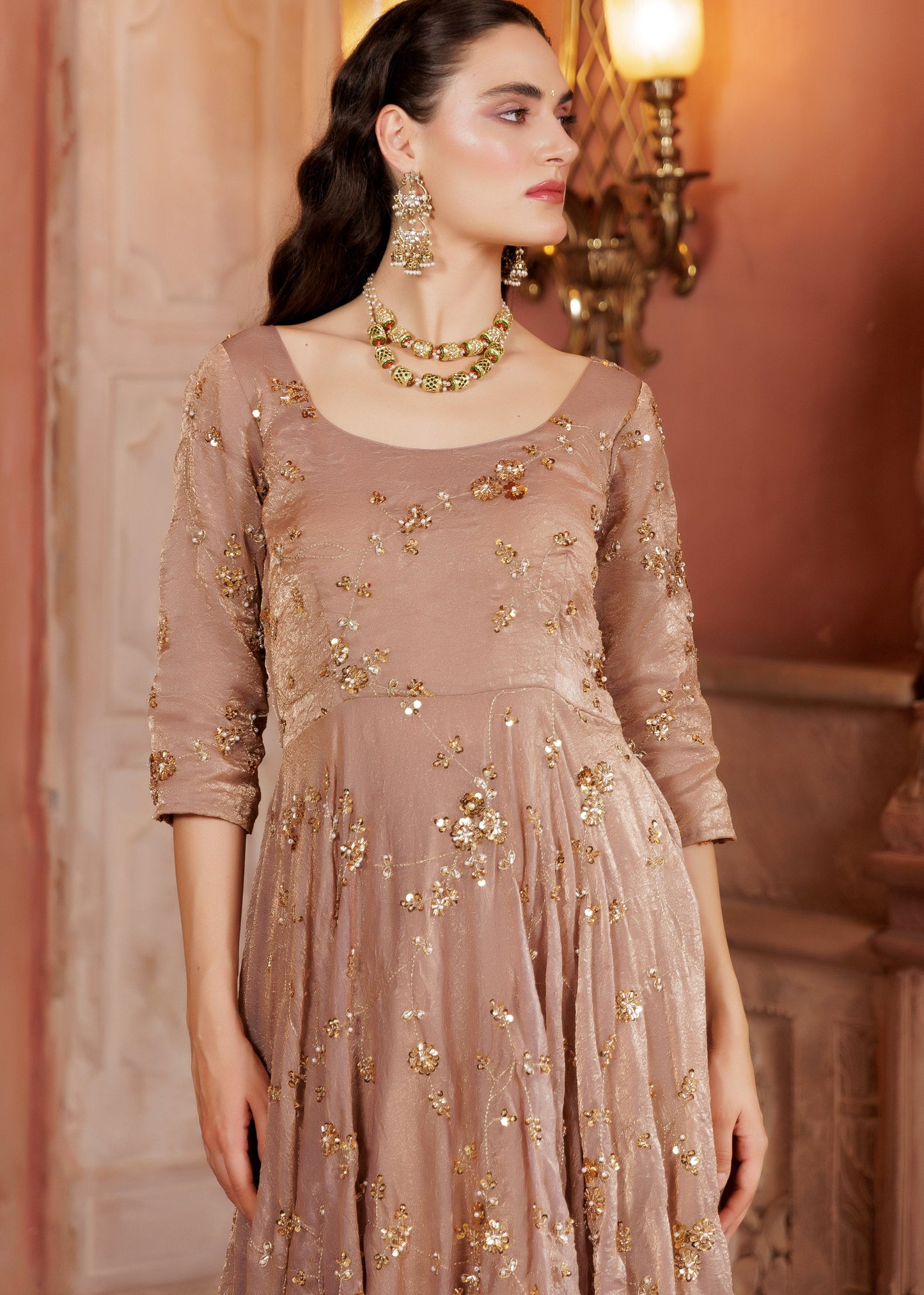 Champagne Gold Embroidered Anarkali Suit Set