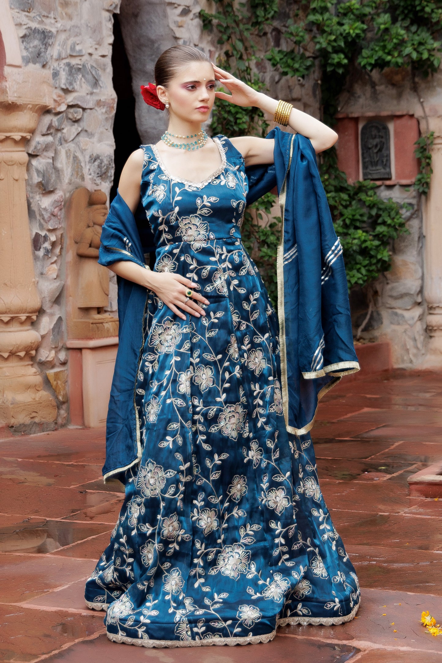 Noor Teal Embroidered Festive Maxi Dress