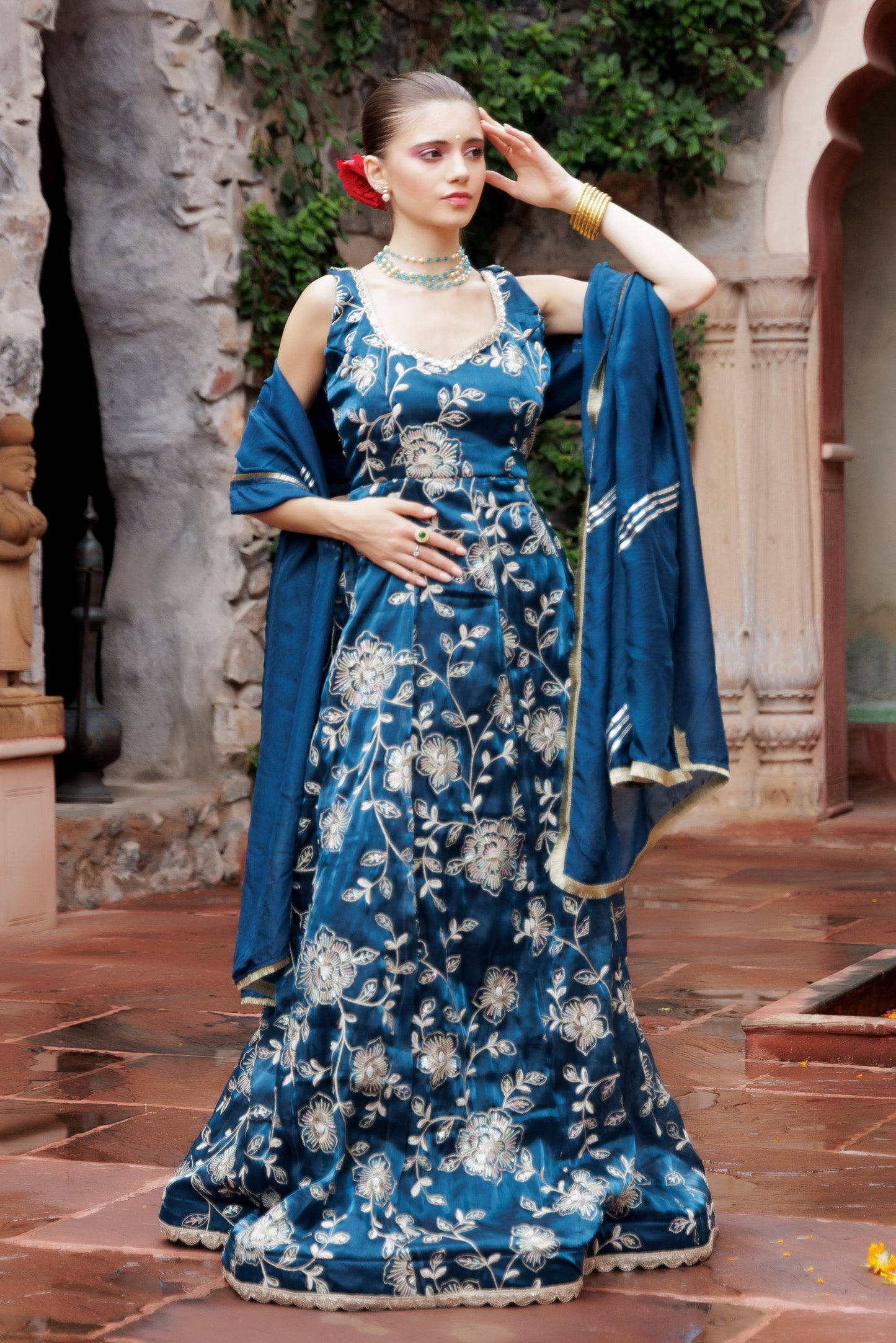 Noor Teal Embroidered Festive Maxi Dress