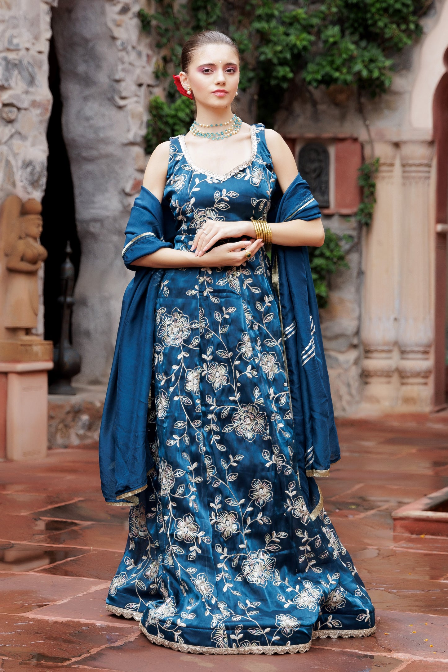 Noor Teal Embroidered Festive Maxi Dress