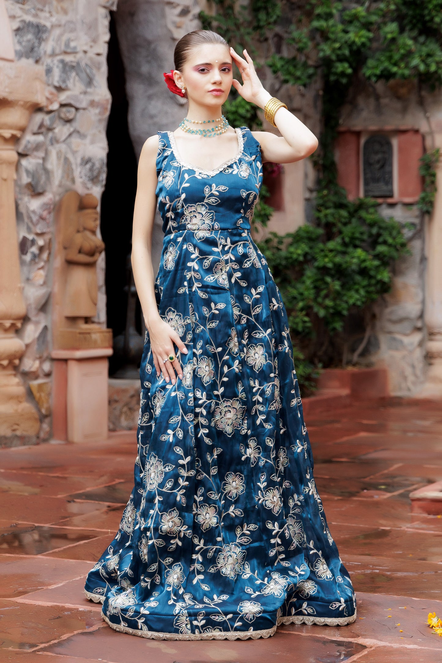 Noor Teal Embroidered Festive Maxi Dress