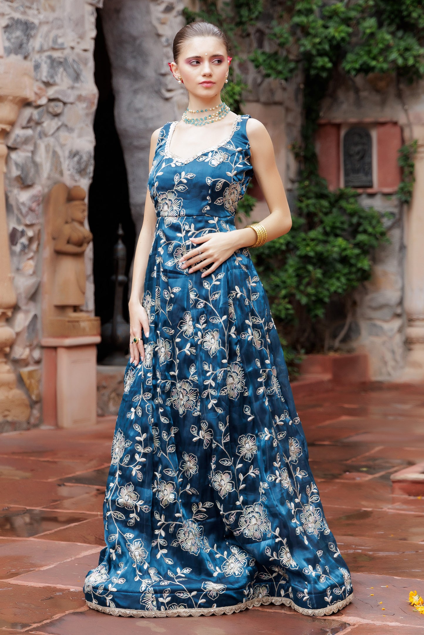 Noor Teal Embroidered Festive Maxi Dress