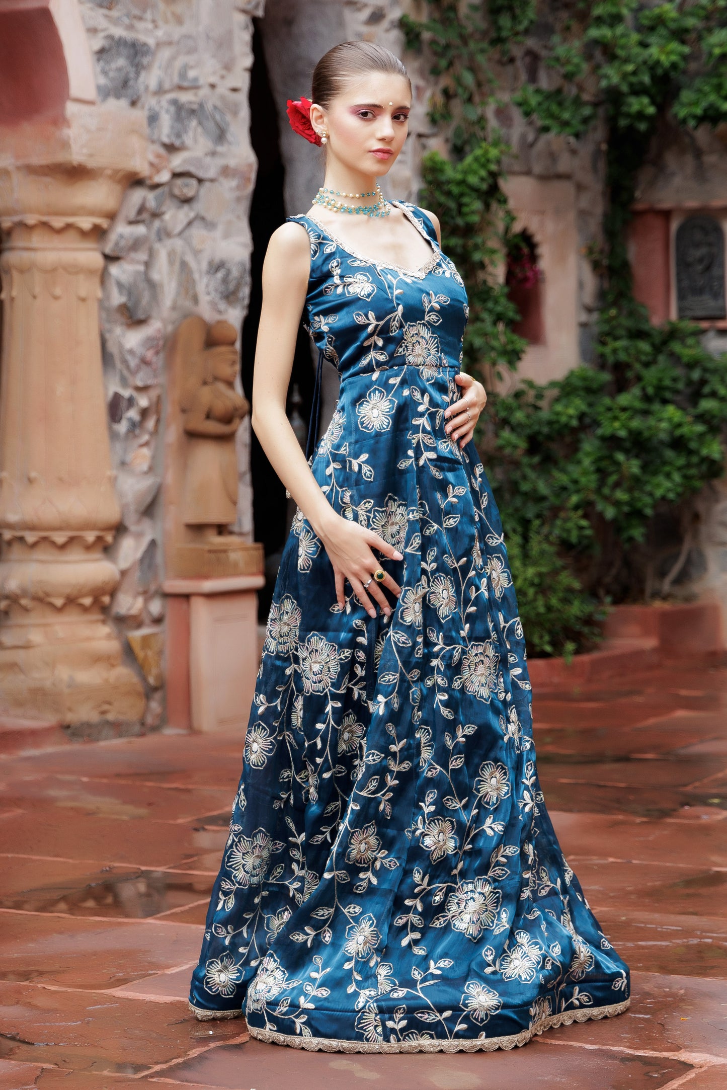Noor Teal Embroidered Festive Maxi Dress