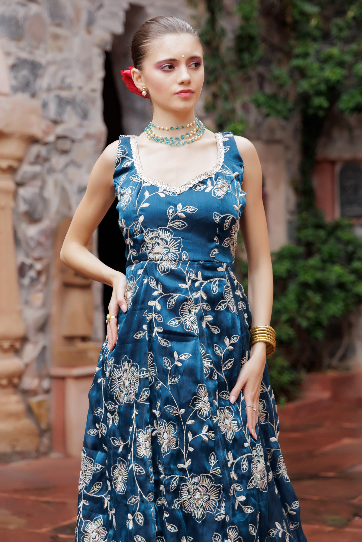 Noor Teal Embroidered Festive Maxi Dress