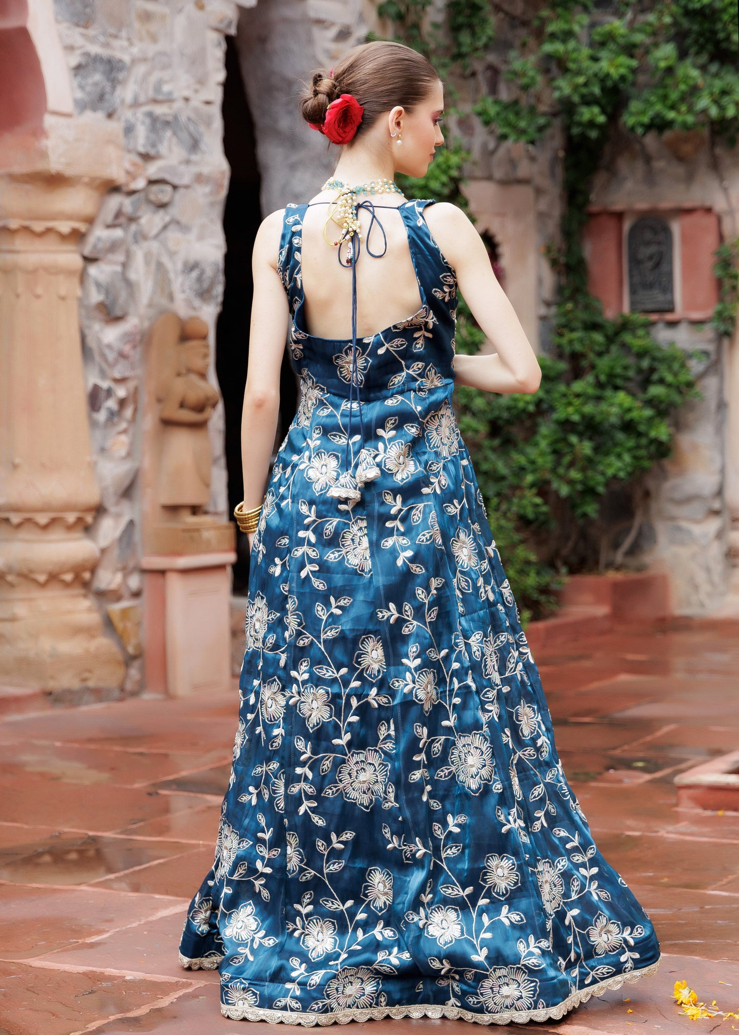 Noor Teal Embroidered Festive Maxi Dress