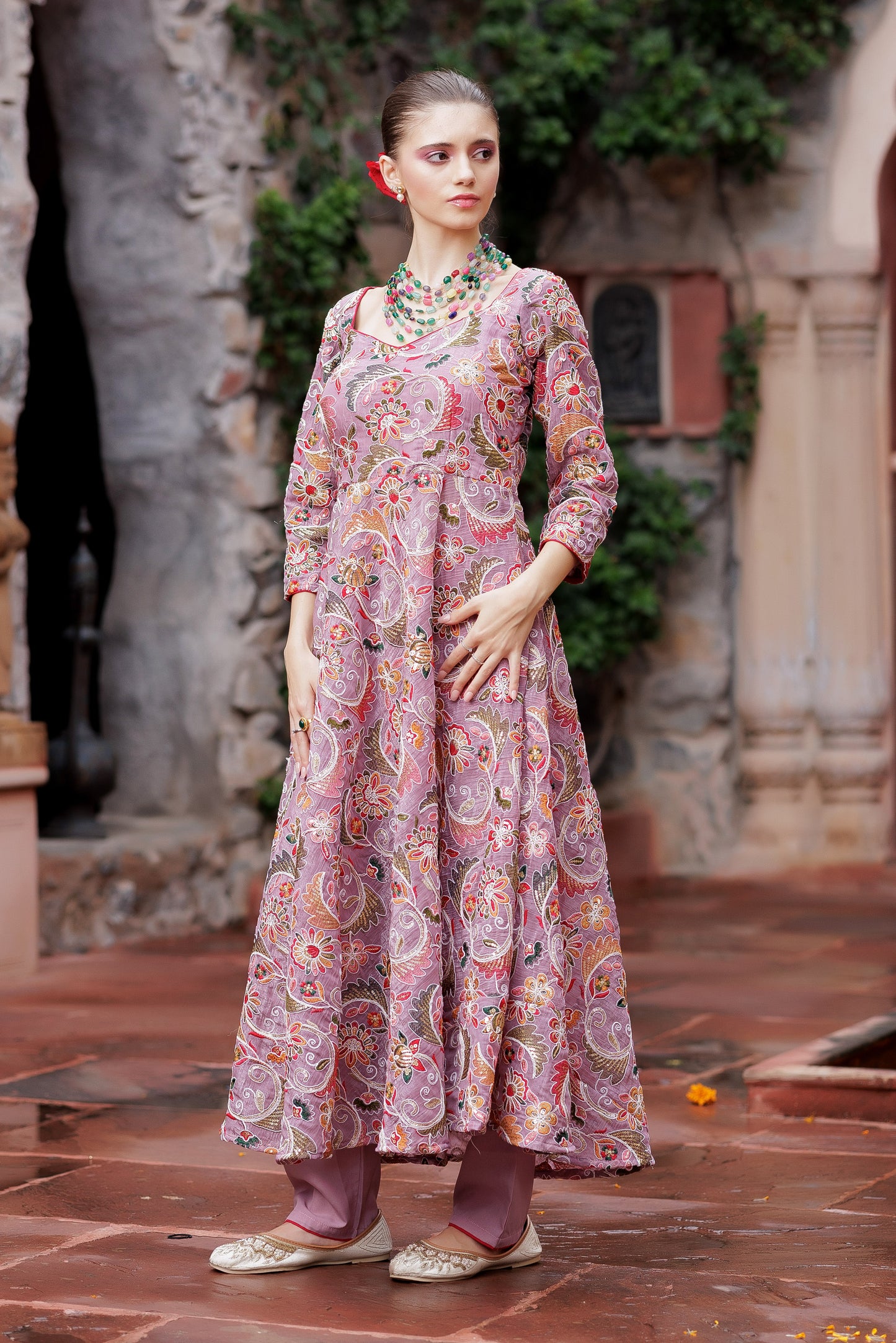 Mauve Meadow Floral Anarkali Ensemble