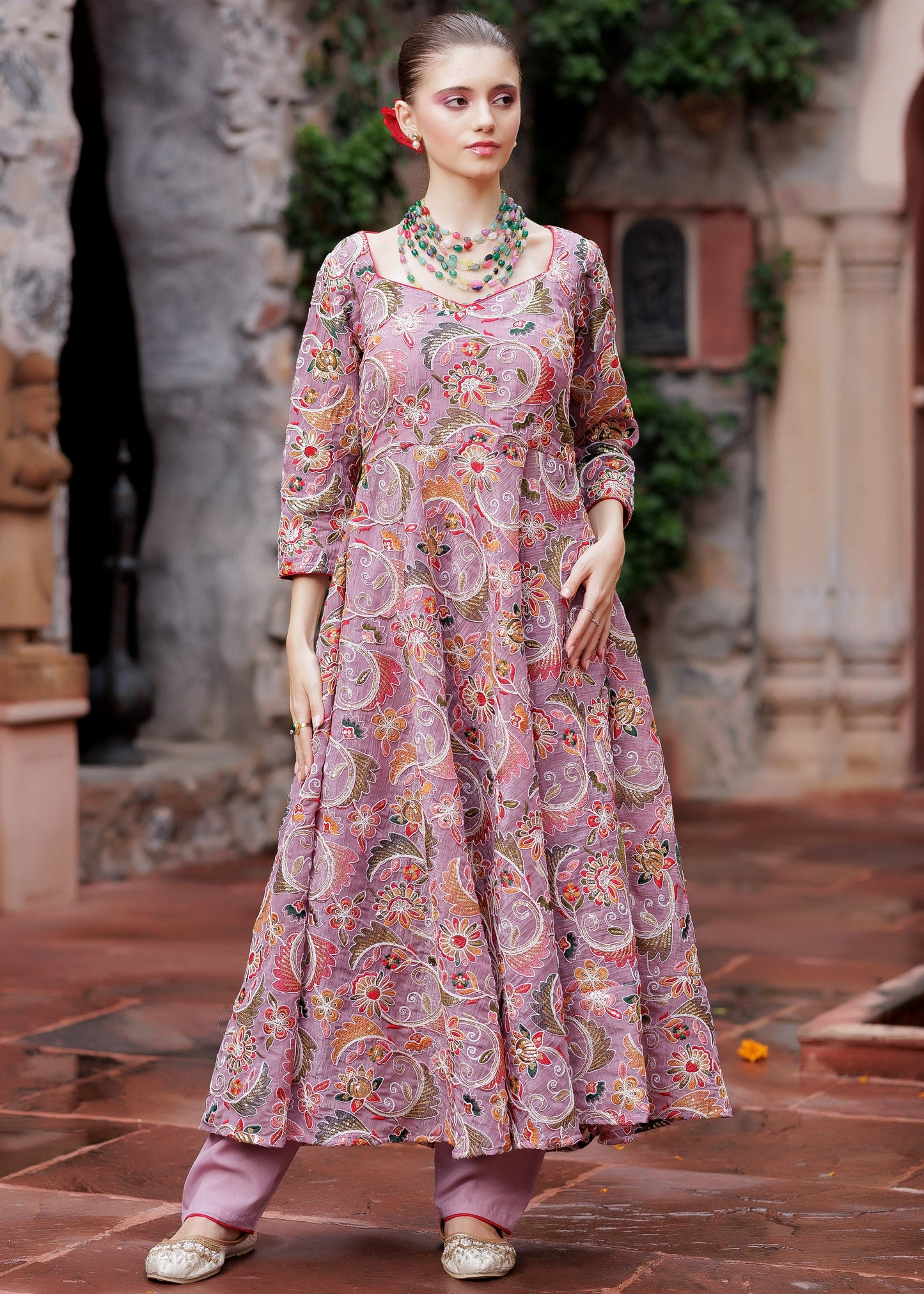 Mauve Meadow Floral Anarkali Ensemble