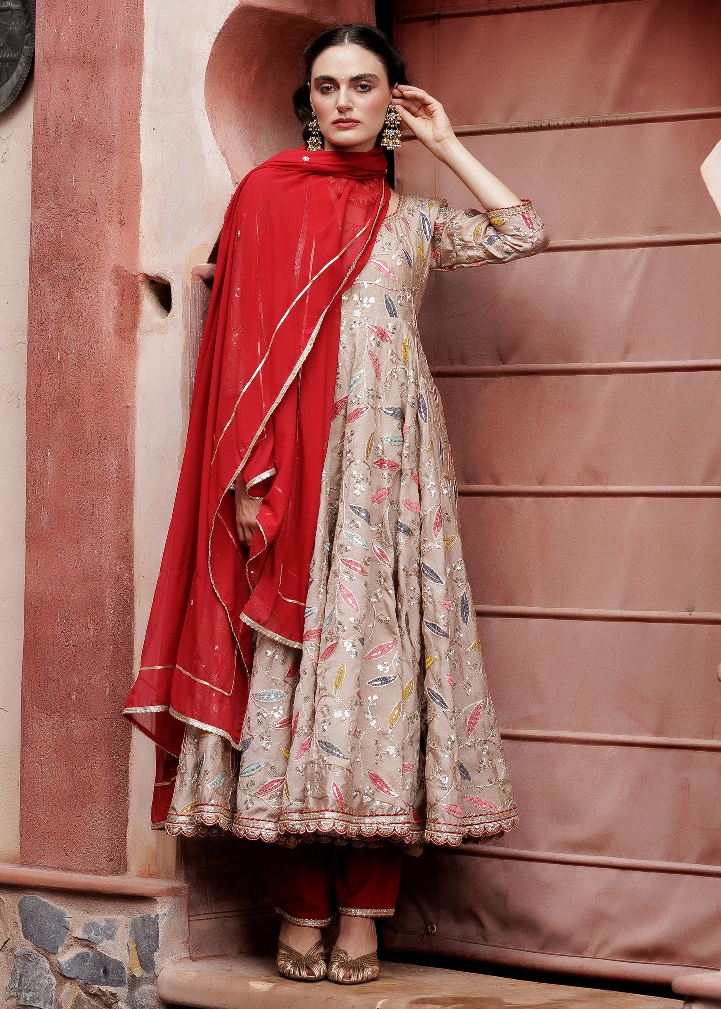 Festive Beige Leaf Embroidered Anarkali Suit Set