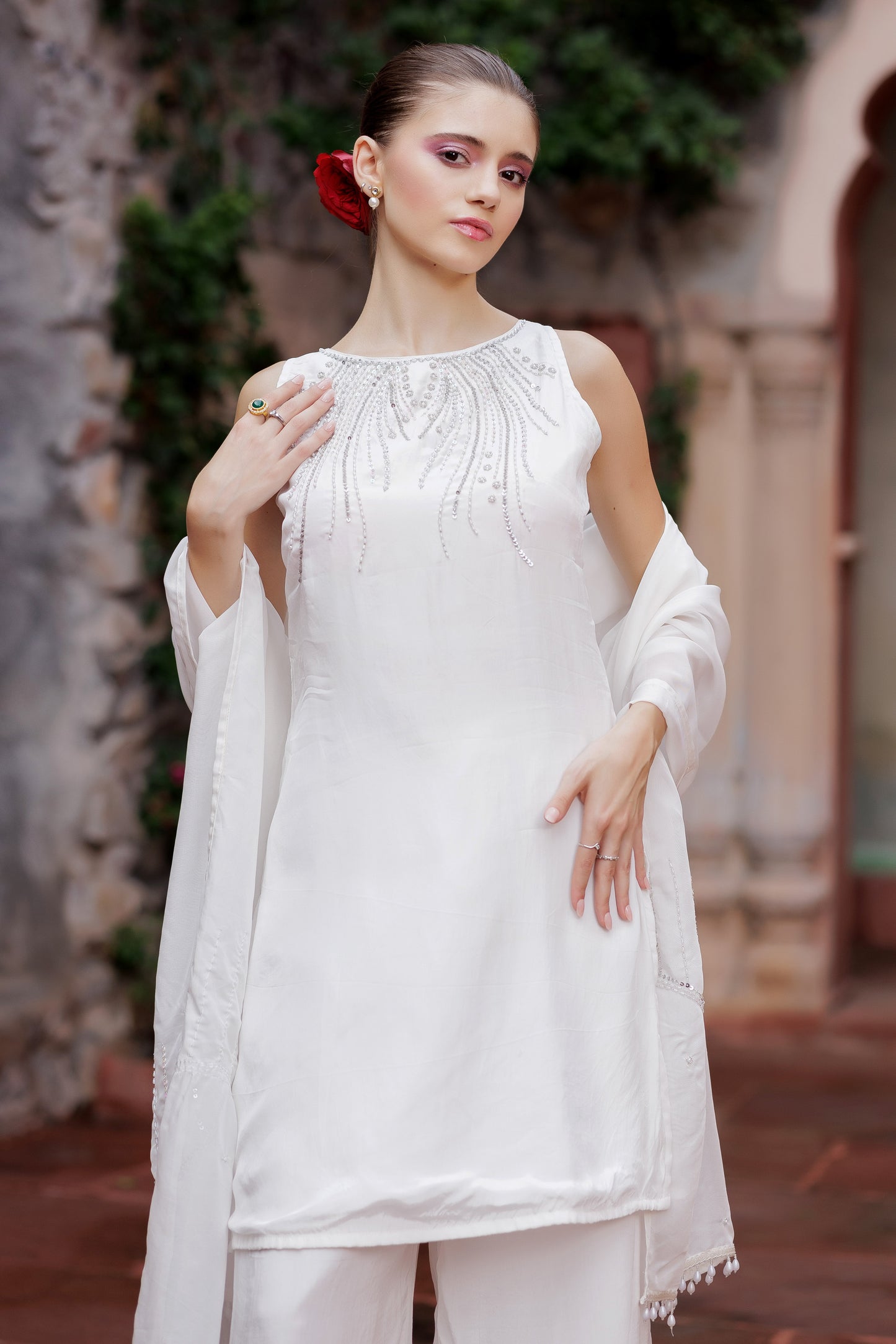 Noor White Embellished Indo-Western Set