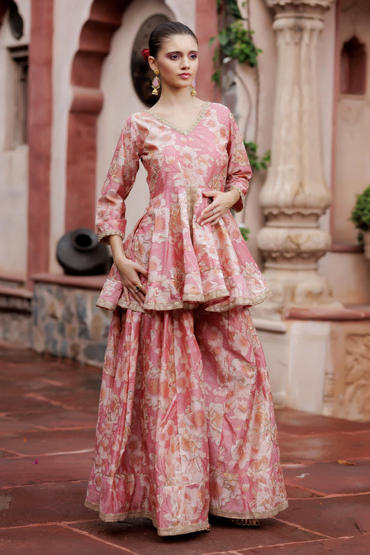 Blush Floral Peplum Sharara Set