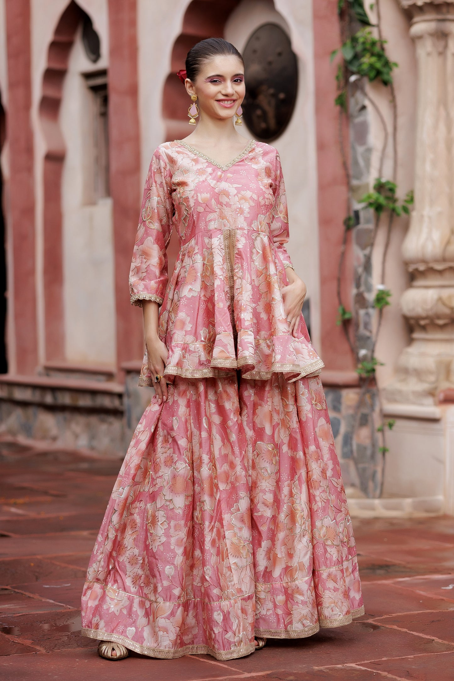 Blush Floral Peplum Sharara Set